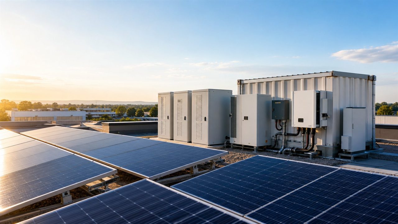 Zonnepanelen met batterijopslag op een bedrijfsdak